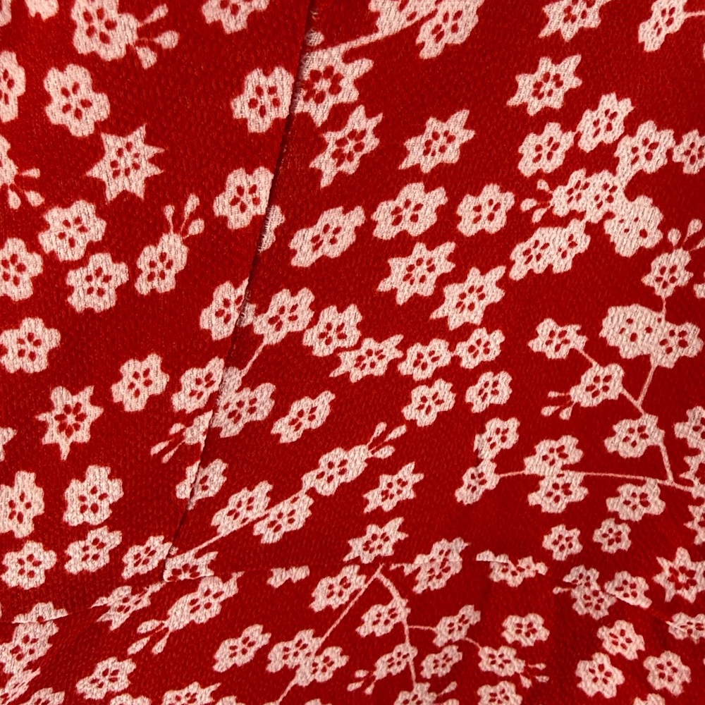 Red Floral Crepe Wrap Dress with Ruffle Sleeves - Small - Picture 13 of 15